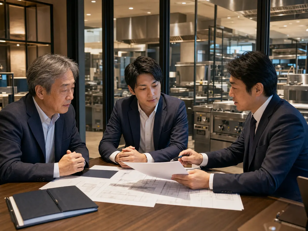 厨房機器会社の承継について会議する経営者とアドバイザー
