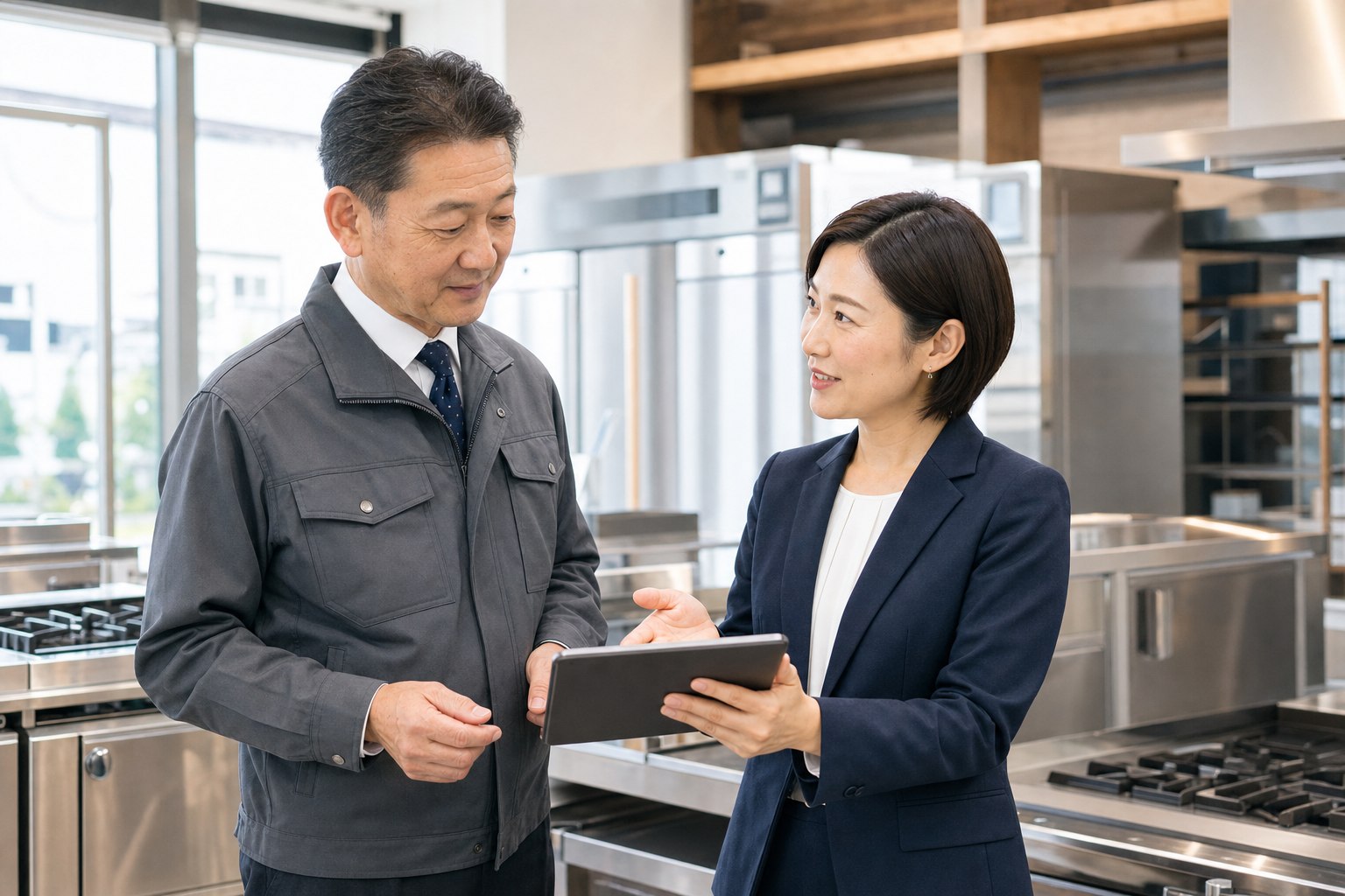 業務用厨房機器ショールームで事業承継を相談する会社経営者とM&Aアドバイザー