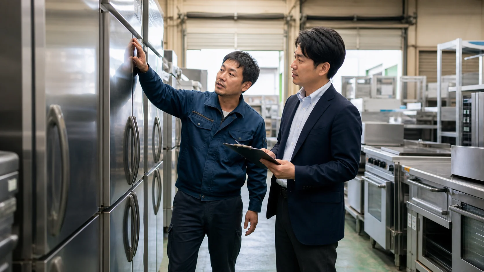 業務用厨房機器の保守履歴と設備状態を確認する経営者とM&Aアドバイザーの現場確認イメージ