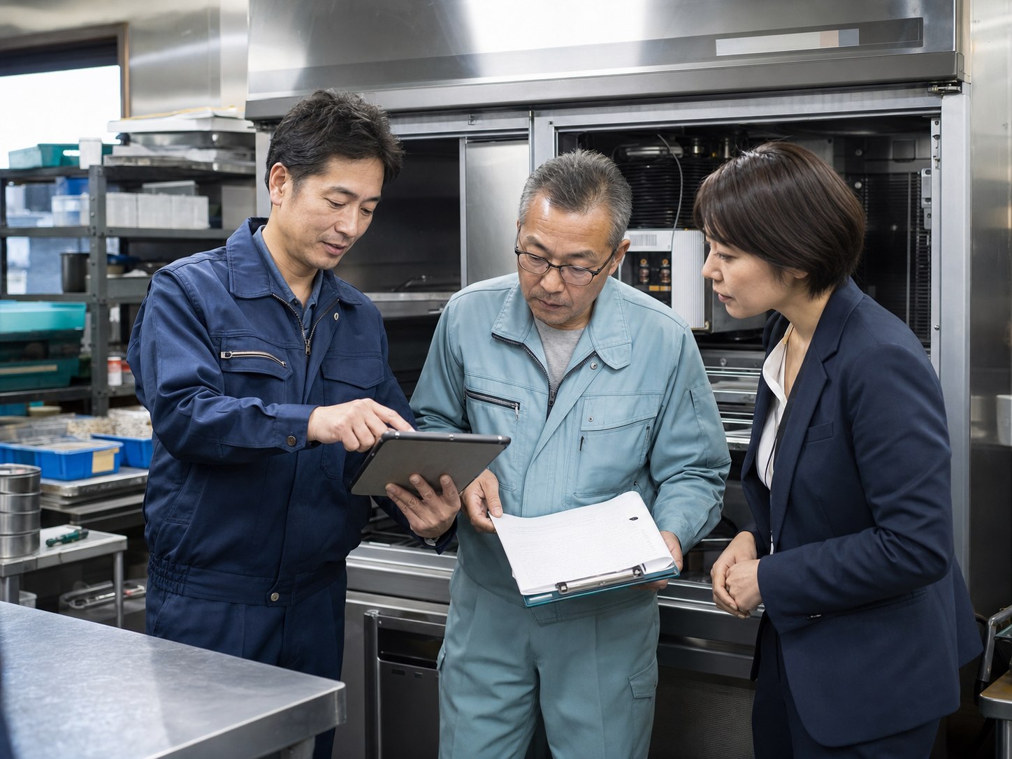 業務用冷凍冷蔵設備の保守履歴を確認する経営者・技術者・M&Aアドバイザー