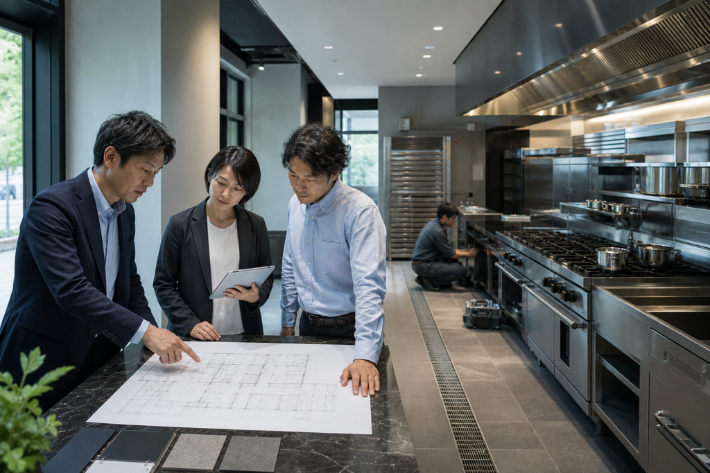 北京東邦御厨科技の株式取得で厨房設計・施工・保守網を確認する会議のアイキャッチ